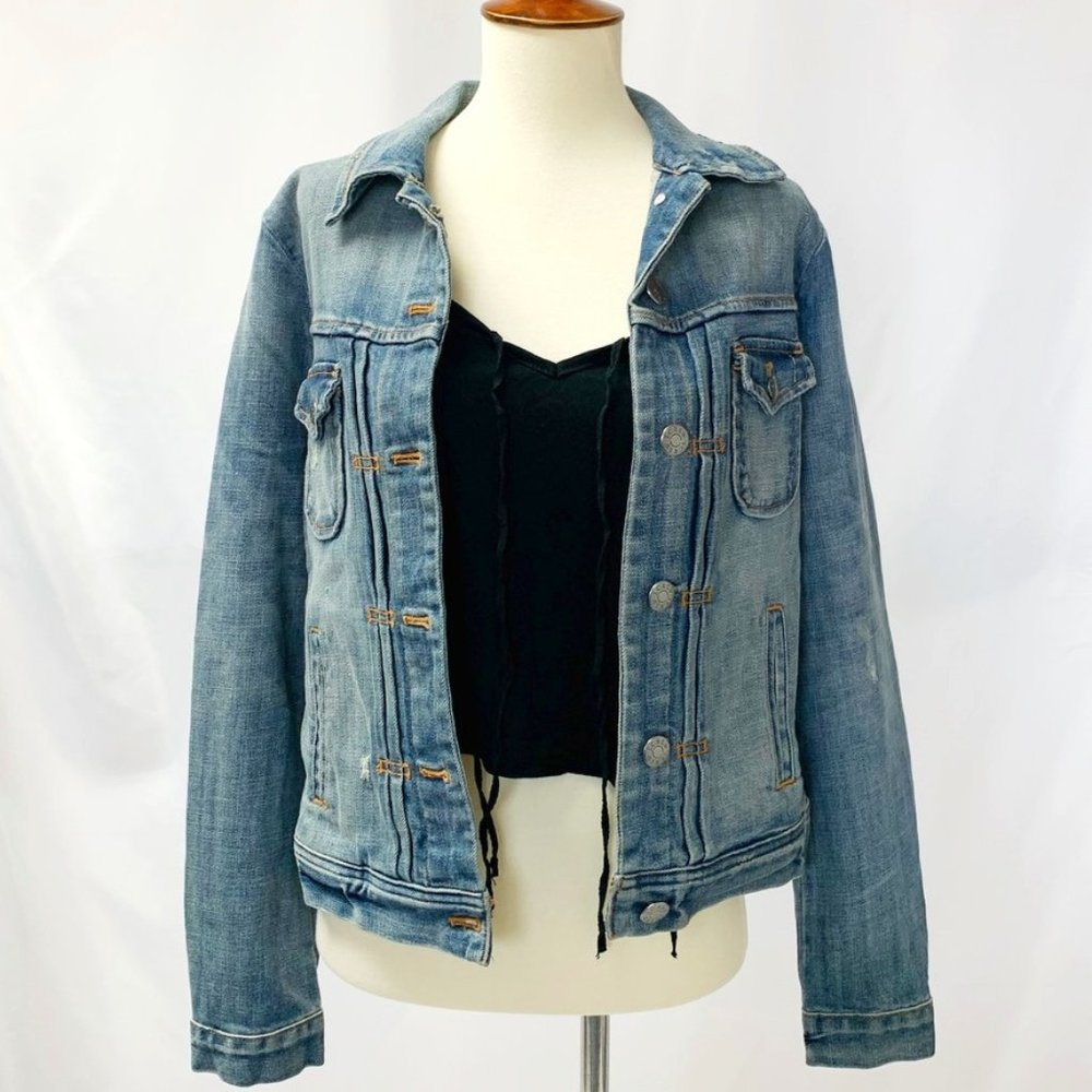 J. Crew Denim Jacket Blue Medium Wash Distressed Size Extra Small Women's